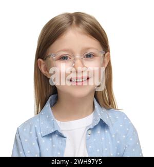 Kleines Mädchen mit Brille auf weißem Hintergrund Stockfoto