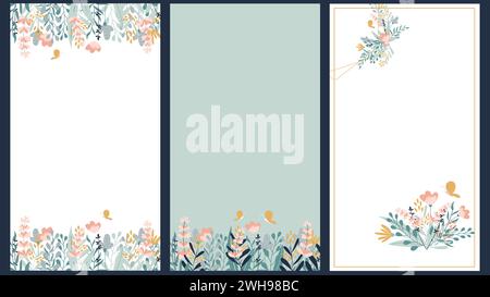 Set aus drei feinen Hintergründen mit handgezeichneten Blumen. Vertikales Vektordesign. Stock Vektor