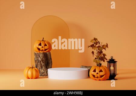 3D-Podest auf orangefarbenem Hintergrund. Halloween Kürbis mit Rahmen. Kürbispräsentation, Produktförderung. 3D-Rendering. Stockfoto