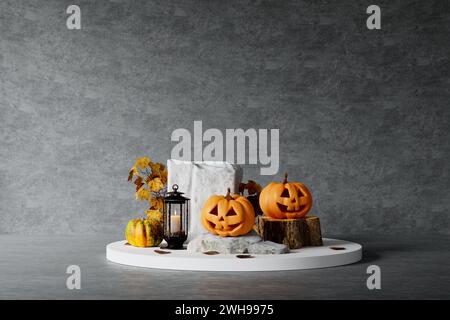 Halloween Stein Podium mit gruseligen Gesichtern Kürbisse mit Kerze und Ahornblatt. Podium Podium Podest Produktanzeige Hintergrund und Halloween Elemente. 3D Stockfoto