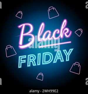 Black friday Neonlicht-Banner mit Einkaufstaschenschild. Vektorabbildung Stock Vektor