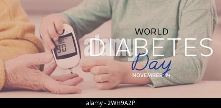 Welt-Diabetes-Tag. Enkel überprüft den Blutzuckerspiegel der Großmutter mit digitalem Glukometer am Tisch, Nahaufnahme. Bannerdesign Stockfoto