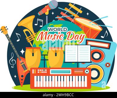 World Music Day Vector Illustration am 21. Juni mit verschiedenen Musikinstrumenten und Notizen in flachem Cartoon Hintergrund Design Stock Vektor