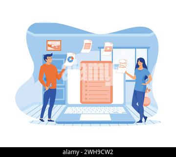 Mann und Frau analysieren das Dokumentenmanagement weich. Moderne Illustration des flachen Vektors Stock Vektor