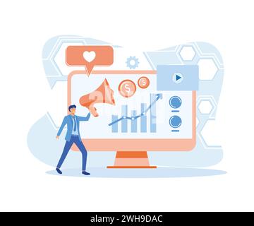 Internet-basierte PR-Strategie, Reputationsmanagement, abstrakte Metapher für digitale Marketingkampagnen. Moderne Illustration des flachen Vektors Stock Vektor