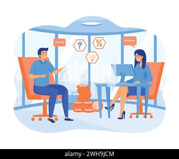Geschäftsmann, der mit einer Finanzberaterin spricht. Investitionsplanung, Bankwesen. Finanzberater, Steuerfachmann. Moderne Illustration des flachen Vektors Stock Vektor