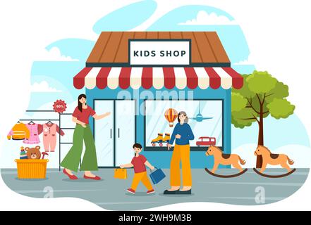 Kinder-Shop-Vektor-Illustration mit Jungen und Mädchen Kinder Ausrüstung wie Kleidung oder Spielzeug für Shopping Konzept im flachen Zeichentrickhintergrund Stock Vektor