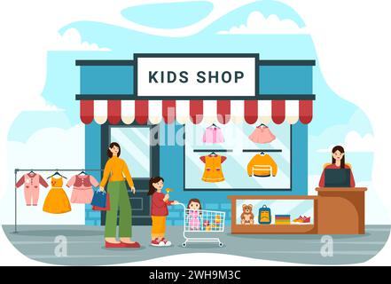 Kinder-Shop-Vektor-Illustration mit Jungen und Mädchen Kinder Ausrüstung wie Kleidung oder Spielzeug für Shopping Konzept im flachen Zeichentrickhintergrund Stock Vektor