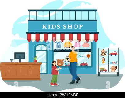 Kinder-Shop-Vektor-Illustration mit Jungen und Mädchen Kinder Ausrüstung wie Kleidung oder Spielzeug für Shopping Konzept im flachen Zeichentrickhintergrund Stock Vektor