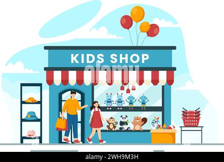 Kinder-Shop-Vektor-Illustration mit Jungen und Mädchen Kinder Ausrüstung wie Kleidung oder Spielzeug für Shopping Konzept im flachen Zeichentrickhintergrund Stock Vektor
