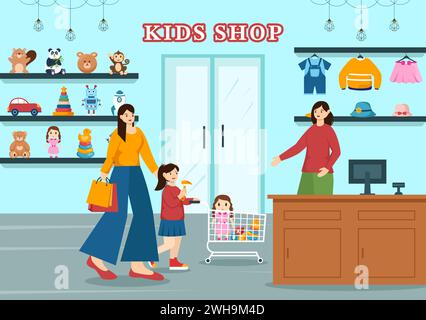 Kinder-Shop-Vektor-Illustration mit Jungen und Mädchen Kinder Ausrüstung wie Kleidung oder Spielzeug für Shopping Konzept im flachen Zeichentrickhintergrund Stock Vektor