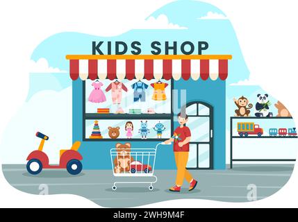 Kinder-Shop-Vektor-Illustration mit Jungen und Mädchen Kinder Ausrüstung wie Kleidung oder Spielzeug für Shopping Konzept im flachen Zeichentrickhintergrund Stock Vektor