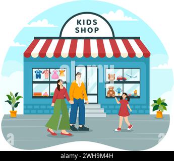 Kinder-Shop-Vektor-Illustration mit Jungen und Mädchen Kinder Ausrüstung wie Kleidung oder Spielzeug für Shopping Konzept im flachen Zeichentrickhintergrund Stock Vektor