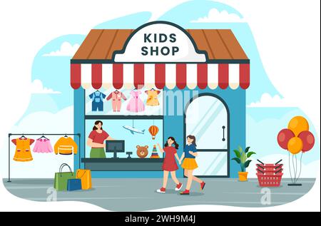 Kinder-Shop-Vektor-Illustration mit Jungen und Mädchen Kinder Ausrüstung wie Kleidung oder Spielzeug für Shopping Konzept im flachen Zeichentrickhintergrund Stock Vektor