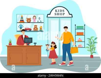 Kinder-Shop-Vektor-Illustration mit Jungen und Mädchen Kinder Ausrüstung wie Kleidung oder Spielzeug für Shopping Konzept im flachen Zeichentrickhintergrund Stock Vektor