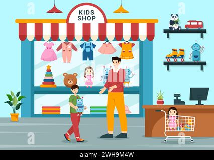 Kinder-Shop-Vektor-Illustration mit Jungen und Mädchen Kinder Ausrüstung wie Kleidung oder Spielzeug für Shopping Konzept im flachen Zeichentrickhintergrund Stock Vektor