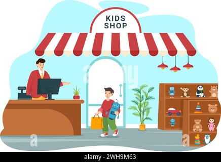 Kinder-Shop-Vektor-Illustration mit Jungen und Mädchen Kinder Ausrüstung wie Kleidung oder Spielzeug für Shopping Konzept im flachen Zeichentrickhintergrund Stock Vektor