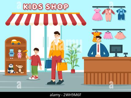 Kinder-Shop-Vektor-Illustration mit Jungen und Mädchen Kinder Ausrüstung wie Kleidung oder Spielzeug für Shopping Konzept im flachen Zeichentrickhintergrund Stock Vektor
