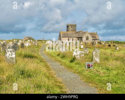 St. Materiana's Church, Tintagel, Cornwall, die aus dem 11. Jahrhundert stammt. Stockfoto