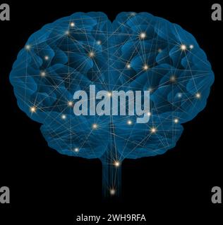 Hintergehirn menschliches Blau mit Netzwerk-Lichtpunkt-Illustration, neuronales Netzkonzept, künstliches Intelligenzkonzept Stockfoto
