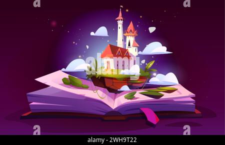 Märchenschloss auf offenen Buchseiten. Vektor-Karikaturillustration des königlichen Fantasy-Palastes mit Türmen auf grüner schwimmender Insel mit glitzernden Wolken, s Stock Vektor