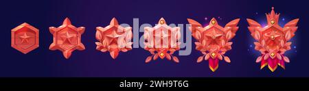Sechseckiges Abzeichen mit Stern, verschiedene Stufen der Dekorationsentwicklung für das Design der Spielebene. Zeichentrickvektor-Illustration Satz der roten Trophäe mich Stock Vektor