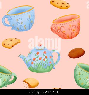 Nahtloses Muster von Keksen, Teekanne und Tasse mit Ornament, isolierte handgezeichnete digitale Aquarellillustration isoliert auf weiß. Englischer Tee, Gesundheit Stockfoto