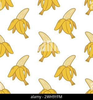 Gelbe Hintergrundierung reifer Bananen. Nahtloses Muster für geschälte Bananen. Tropische Frucht-Sommermuster für Textilien, Verpackungen, Papier und Design Stock Vektor