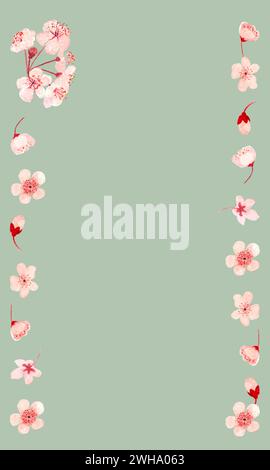 Aquarell Hand gezeichnet rosa Sakura Blume vertikaler Rahmen auf pastellgrünem Hintergrund Stockfoto