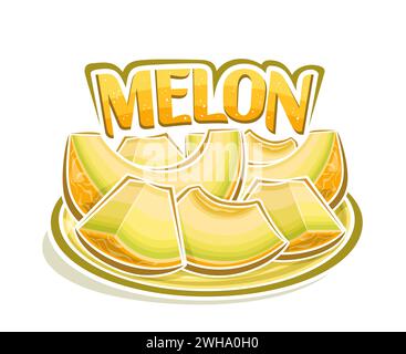 Vektor-Logo für Melone, dekoratives horizontales Poster mit Umrissillustration der geschnittenen Melonenkomposition auf der Schale, Zeichentrickdesign fruchtiger Druck mit ch Stock Vektor
