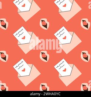 Romantisches Muster mit Buchstaben und Lippen für den Liebestag. Vektorillustration auf rotem Hintergrund. Kann für Weihnachtskarten, Süßigkeiten-Etiketten, Poster und Grußkarten verwendet werden Stock Vektor