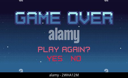 Pixelart Spiel über Bildschirm mit Sternenhimmel auf Hintergrund. 8-Bit-Retro-Video-Arcade-Stil Game-over-Hintergrund-Bildschirm mit Auswahltasten für die Wiedergabewiedergabe. Vec Stock Vektor