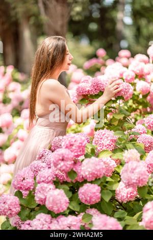 Hortensien Glückliche Frau in rosa Kleid unter Hortensien. Große rosafarbene Hortensie-Kappen umgeben die Frau. Sonniges Ambiente im Freien. Hier wird die glückliche Frau präsentiert Stockfoto