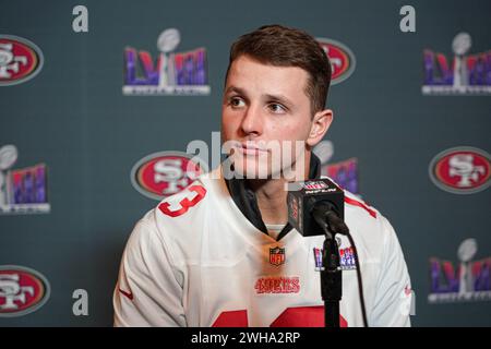 Henderson, Nevada, USA, 8. Februar 2024, 49ers Quarterback Brock Purdy während der Pre Super Bowl Press Conference (Foto: Marty Jean-Louis/Alamy Live News) Stockfoto