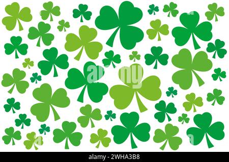 Zahlreiche Schamfelsen, grüner dreiblättriger Kleeblatt. Zufällig angeordnete, leicht verdrehte Trefolien mit verschiedenen Grüntönen. Symbol von Irland. Stockfoto