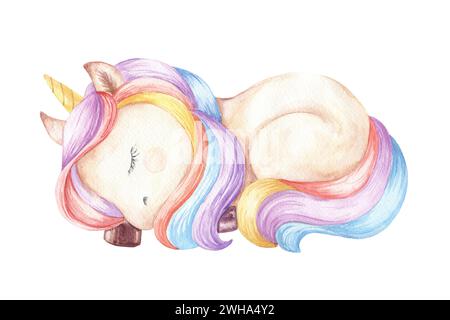 Schlafendes Baby-Einhornporträt in Profil-Aquarellillustration, Regenbogentier. Wasserfarbenfigur für Kinder. Stockfoto