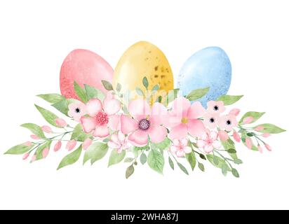 Set von Ostereiern mit rosafarbenen Blumen auf weißem Hintergrund Stockfoto