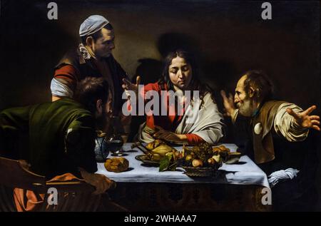 Abendessen in Emmaus, Michelangelo Merisi da Caravaggio, 1601, Öl und Tempera auf Leinwand, National Gallery, London, England, Großbritannien Stockfoto