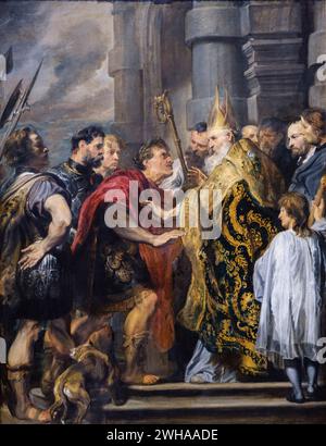 Anthony van Dyck, Saint Ambrose mit Ausnahme von Theodosius aus der Mailänder Kathedrale, Öl auf Leinwand, National Gallery, London, England, Großbritannien Stockfoto