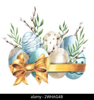 Osterkomposition mit Eiern, goldener Schleife, Weidenzweigen und grünen Blättern. Handgezeichnete Aquarellillustration. Blasse Farben im Boho-Stil. Für Karten, Design Stockfoto