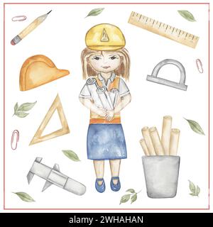 Aquarelltechniker Clipart, handgezeichnete Illustration. Ingenieurarbeit, Kinder Schulkarten ClipArt, lehrreiche, süße Kindergrafiken mit Beruf Stockfoto