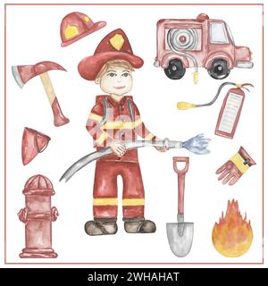 Aquarell-Feuerwehrmann-Clipart, handgezeichnete Illustration. Feuerwehrmann arbeitet, Kinder Schulkarten ClipArt, lehrreiche, süße Kindergrafiken mit Berufen Stockfoto