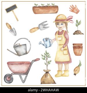 Aquarellgärtner Clipart, handgezeichnete Illustration. Gärtner arbeiten, Kinder Schulkarten ClipArt, lehrreiche, süße Kindergrafiken mit Beruf Stockfoto