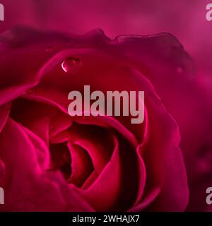 Hintergrund der roten Rosen mit Tautropfen. Hintergrund mit Makroblumen für das Weihnachtsdesign Stockfoto