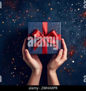Hände einer jungen Frau, die eine Geschenkschachtel mit einer roten Schleife auf dunklem Hintergrund mit Sequenzen von glänzendem Konfetti hält. Stockfoto