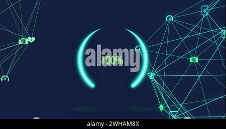 Abbildung von Symbolen und 100 Prozent über das Netzwerk von Verbindungen Stockfoto