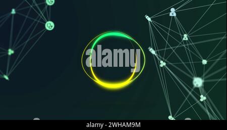 Bild von Symbolen und Kreisen über dem Netzwerk von Verbindungen Stockfoto