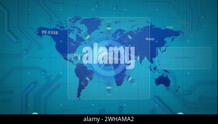 Bild des Scans mit Zahlen, die sich über der Weltkarte ändern, auf blauem Hintergrund Stockfoto