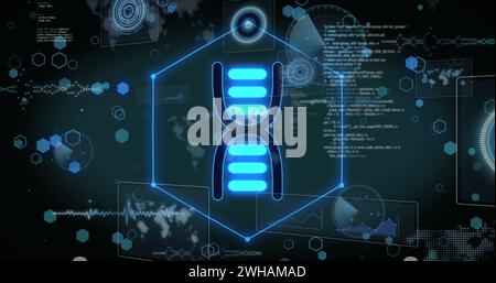 Bild der Datenverarbeitung und dna-Strang auf schwarzem Hintergrund Stockfoto