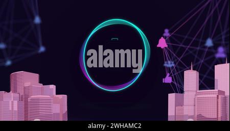 Bild von Symbolen und Stadt über Netzwerk von Verbindungen Stockfoto